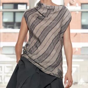 Zara Stripe Top Cowl Neck Asymmetrical Gray Shades Draped Sleeveless Tie Dyed L